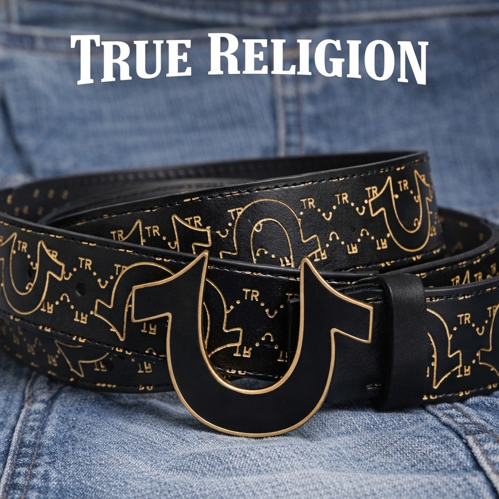 🔥 True Religion Black & Gold Horseshoe Belt | Saffron Leather TR Logo | NEW!